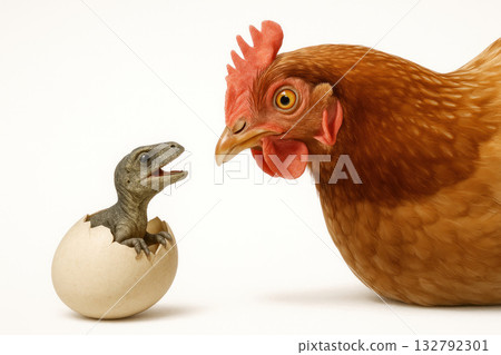 A hen looks at a dinosaur hatched from an egg. 132792301