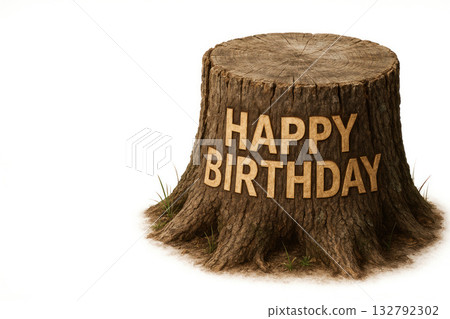 The inscription HAPPY BIRTHDAY is carved on the stump of a tree. Space for text. The inscription HAPPY BIRTHDAY is carved on the stump of a tree. Space for text. 132792302