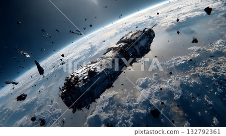 A satellite damaged by a collision with debris 132792361
