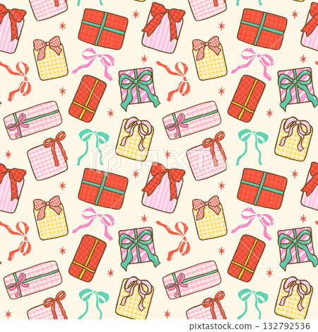 Coquette Gingham Christmas Gift Present Boxes Seamless Pattern Girly Repeat Wallpaper Hand Drawn isolated on background 132792536