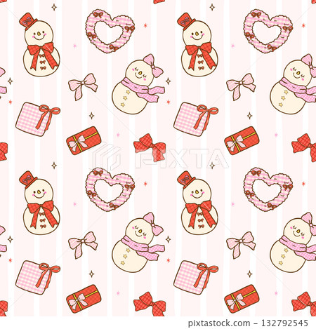 Coquette Gingham Pink Red Christmas Snowman Seamless Pattern Girly Repeat Wallpaper Hand Drawn isolated on Stripes background 132792545