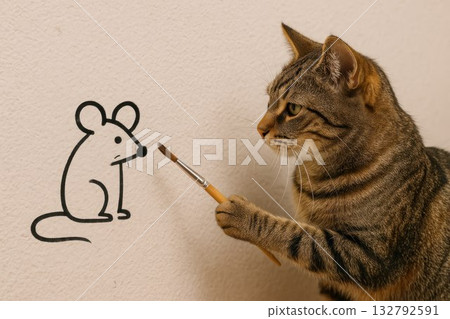 A cat draws a mouse on the wall with a brush. A cat draws a mouse on the wall with a brush. 132792591