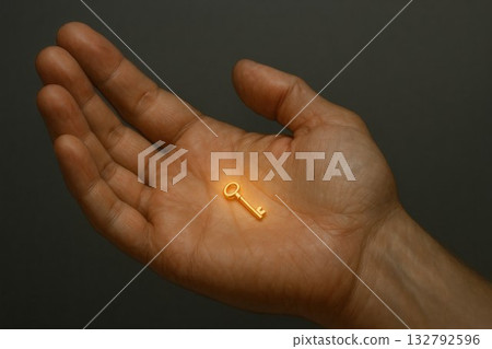 Hand with a golden key on a dark background. Hand with a golden key on a dark background. 132792596