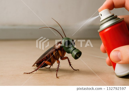 Cockroach in a gas mask under a stream of insecticide. Space for text. 132792597