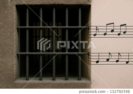 Prison bars turning into notes. 132792598