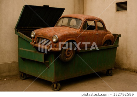 A rusty car inside a dumpster. 132792599