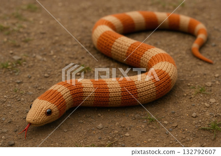 A knitted snake lying on the ground. 132792607