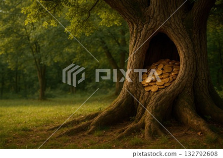 Treasure in the trunk of a tree, gold in the forest. Space for text. 132792608