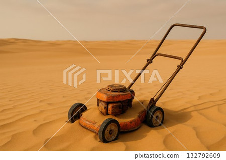 Lawn mower in the desert: absurdity and contrast. Space for text. Lawn mower in the desert: absurdity and contrast. Space for text. 132792609