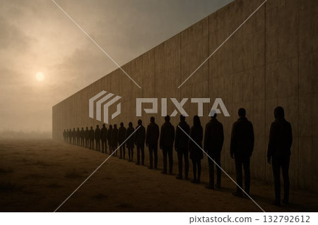 Wall of loneliness: silhouettes of people against a concrete wall. Space for text. Wall of loneliness: silhouettes of people against a concrete wall. Space for text. 132792612