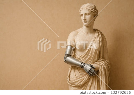 An antique statue with a prosthetic robot arm. Space for text. 132792636