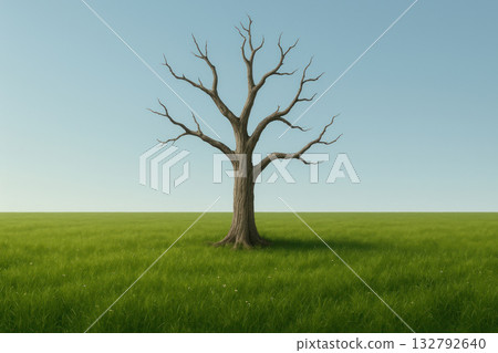 A lonely dry tree in a green field. Space for text. A lonely dry tree in a green field. Space for text. 132792640