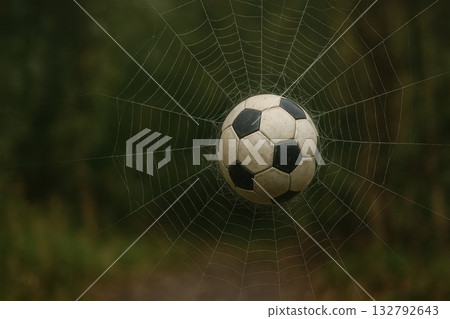 A soccer ball stuck in a spider's web. Space for text. 132792643