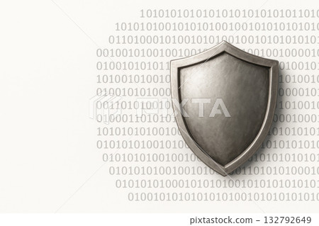 A metal shield against a background of digital binary codes. Space for text. A metal shield against a background of digital binary codes. Space for text. 132792649