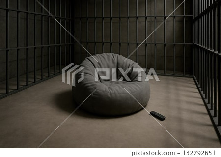 A prison cell with a bean bag chair and a remote control. 132792651