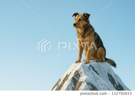 A dog sits on top of a snow-covered mountain under a blue sky. Space for text. A dog sits on top of a snow-covered mountain under a blue sky. Space for text. 132792653