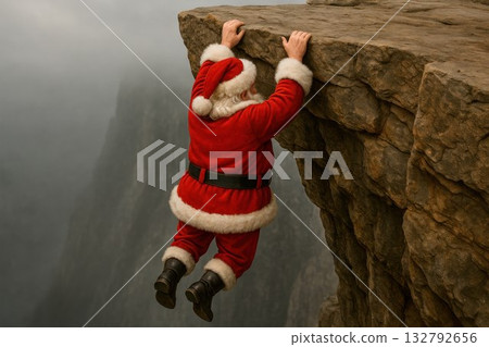 Santa Claus hangs on the edge of a cliff in the fog. Space for text. 132792656