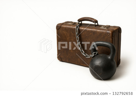 An old suitcase is chained to a heavy weight. Space for text. 132792658