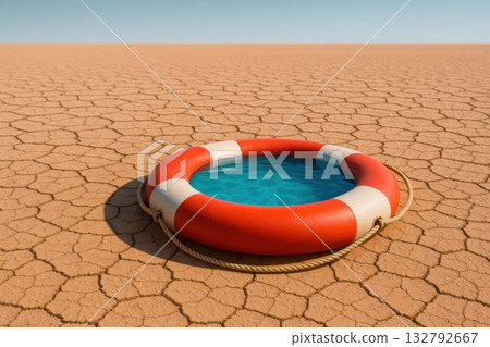 A lifebuoy with water in the desert. Space for text. 132792667