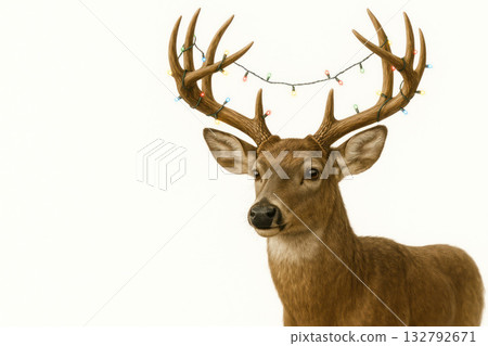 A deer with a garland of New Year's bulbs on its antlers. Space for text. A deer with a garland of New Year's bulbs on its antlers. Space for text. 132792671