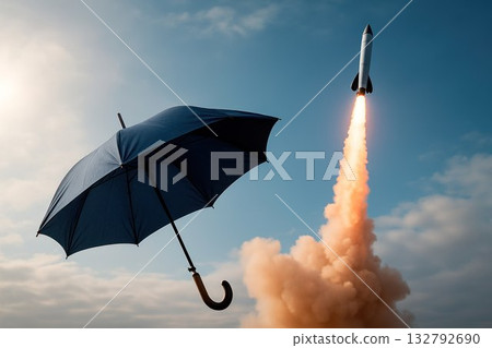An umbrella and a rocket in the sky. Space for text. 132792690