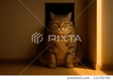 A huge cat in a small doorway. Space for text. 132792700