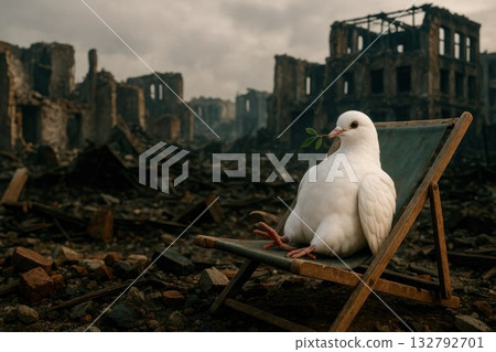 A dove with an olive branch among the ruins. Space for text. A dove with an olive branch among the ruins. Space for text. 132792701