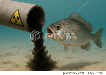 Fish near a pipe with radioactive waste underwater. Fish near a pipe with radioactive waste underwater. 132792708
