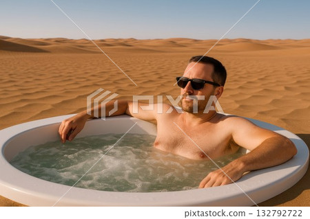 A man in a jacuzzi in the middle of the desert under a blue sky. A man in a jacuzzi in the middle of the desert under a blue sky. 132792722