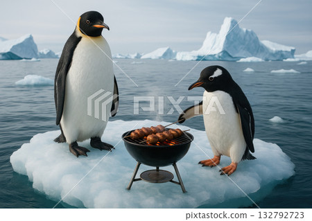 Penguins frying kebabs on an iceberg. 132792723