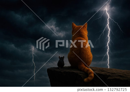 A cat and a mouse on a rock under a stormy sky with lightning. Space for text. 132792725
