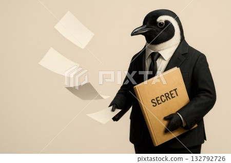 Penguin in a business suit with the book The Secret. Space for text. 132792726