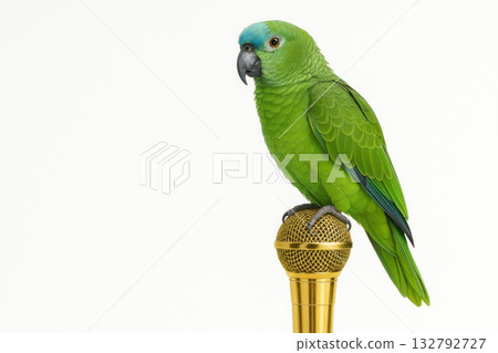 A green parrot sitting on a golden microphone. Space for text. 132792727
