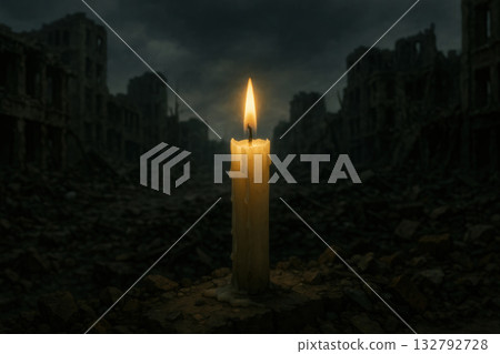 A burning candle against the background of a destroyed city after a disaster. 132792728