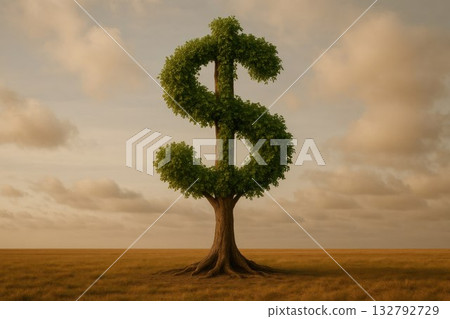 A tree in the shape of a dollar sign on a background of a field. A tree in the shape of a dollar sign on a background of a field. 132792729