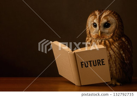 An owl is reading the book The Future. Space for text. 132792735