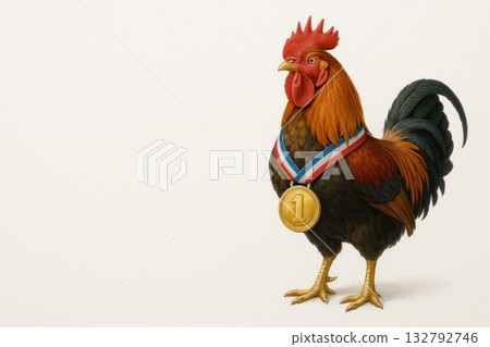 A rooster with a gold medal around his neck. Space for text. 132792746