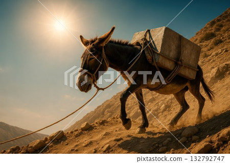 A donkey carries a heavy burden along a rocky path. Space for text. 132792747