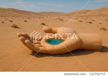 A sculpture hand with water in the desert. A sculpture hand with water in the desert. 132792757