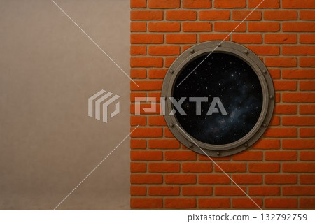 A brick wall with a porthole into space. Space for text. 132792759