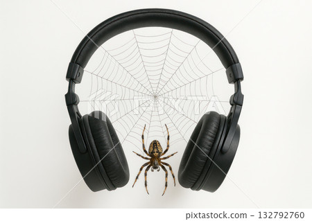A spider weaving a web between headphones. Space for text. 132792760