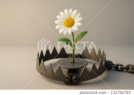 Chamomile growing inside the trap. Space for text. Chamomile growing inside the trap. Space for text. 132792765