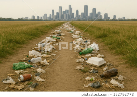 A path of garbage leading to the city on the horizon. 132792778