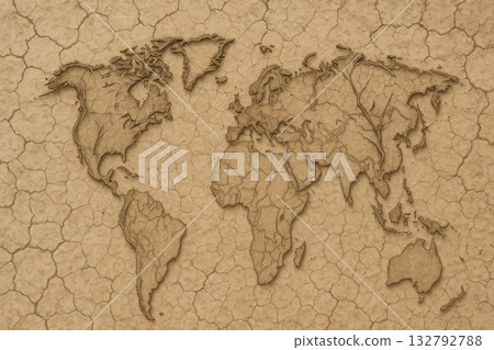 Map of the world on parched, cracked land. Map of the world on parched, cracked land. 132792788