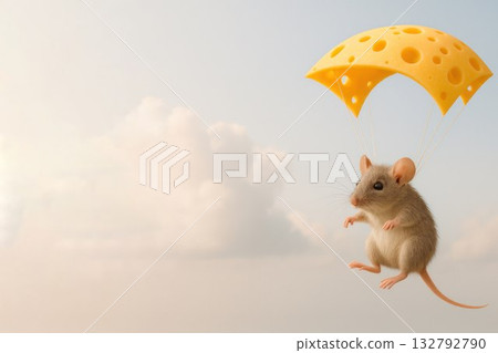 The mouse flies with cheese instead of a parachute. Space for text. The mouse flies with cheese instead of a parachute. Space for text. 132792790