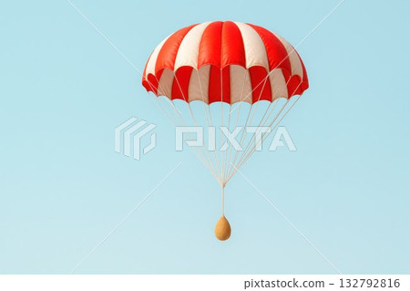 An egg with a parachute descends from the sky. Space for text. 132792816