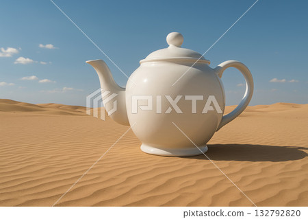 A white teapot standing in the desert under the blue sky. A white teapot standing in the desert under the blue sky. 132792820