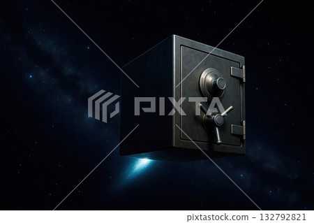 The safe floats in space among stars and galaxies. Space for text. 132792821