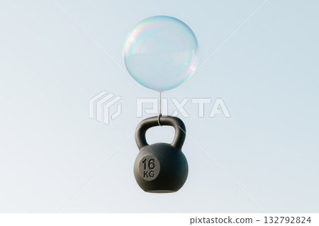 A 16 kg kettlebell hangs on a soap bubble in the sky. Space for text. 132792824