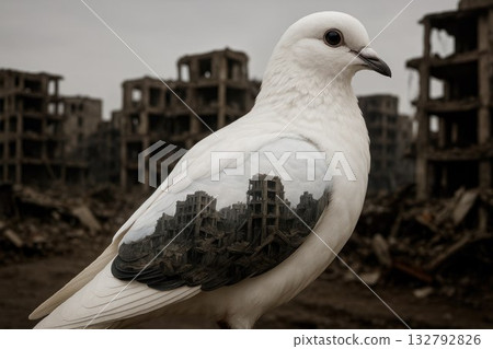 A white bird with the reflection of destroyed buildings against the background of ruins. 132792826